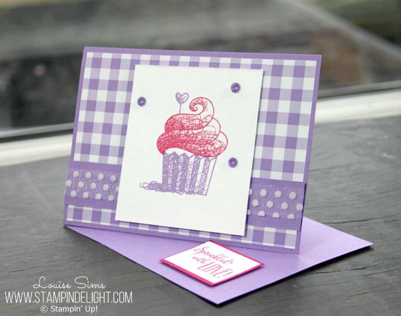 Hello Cupcakes and a colour combination of Melon Mambo and Highland Heather makes for a perfect girly Birthday Card.