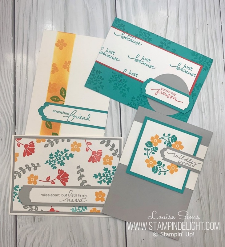 4 cards with the Lovely You stamp set from the 2020 Annual catalogue including how to create a wreath with the Stamparatus. 